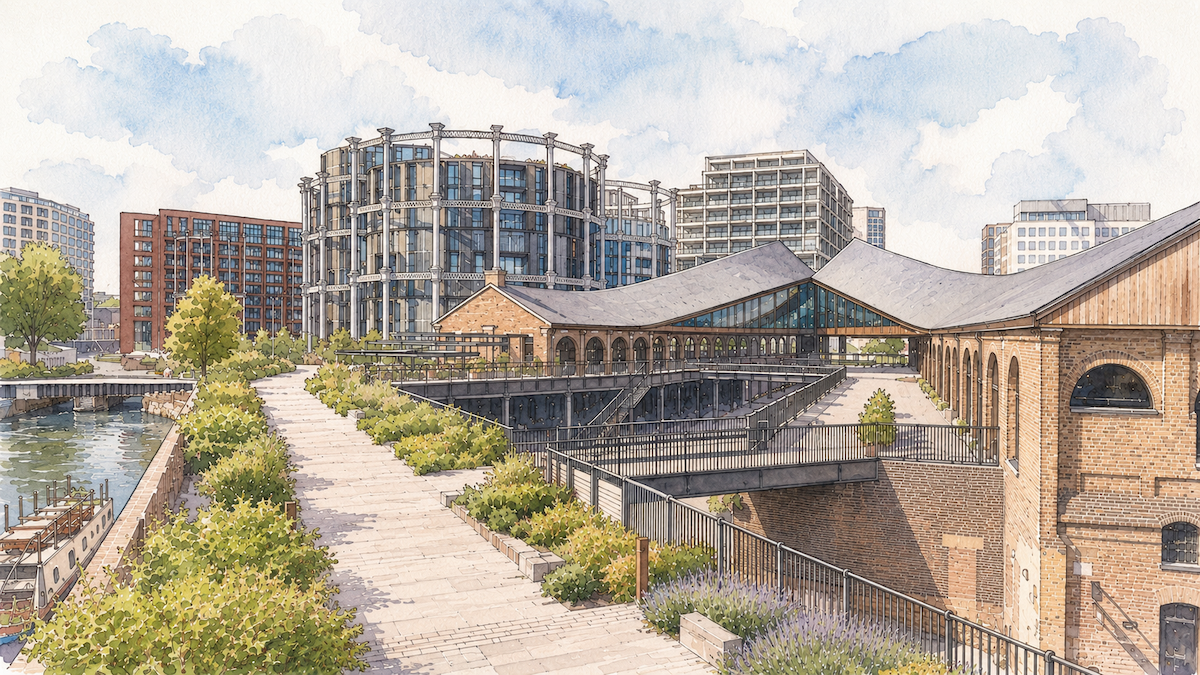 Watercolour illustration of Coal Drops Yard, London—brick arches and curved Kings Cross roofs