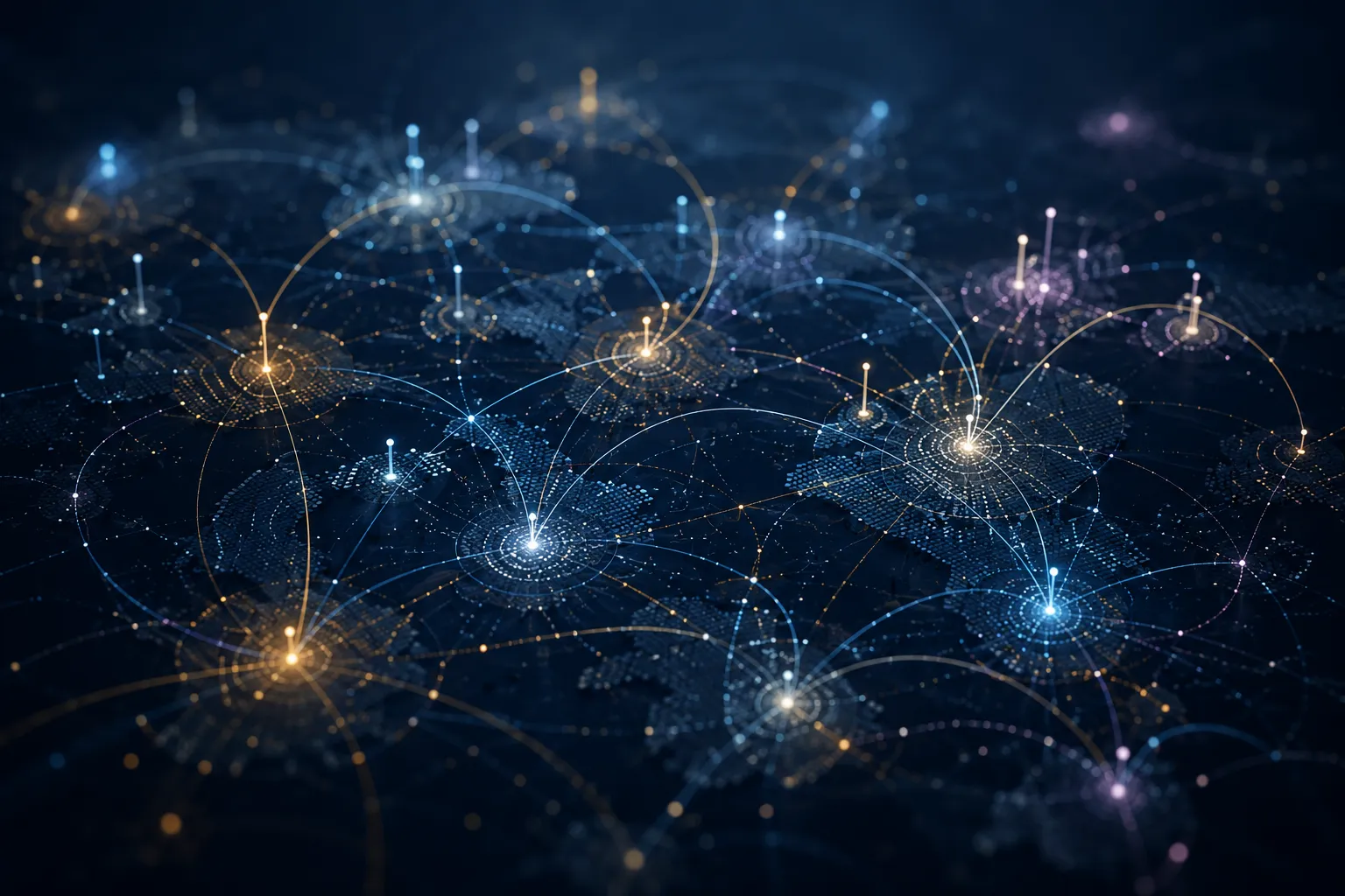 Stylised dark-blue world map dotted with luminous continents and arcing lines linking colourful nodes across the globe.