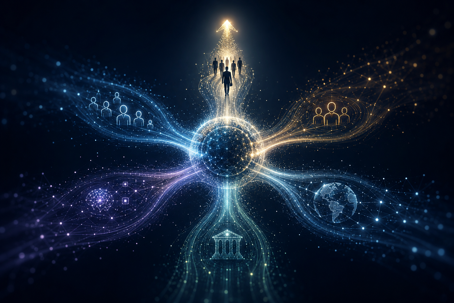 Futuristic illustration centred on a glowing hub with radiating paths to icons for AI, the courts, professionals, teamwork, upward growth and a globe.