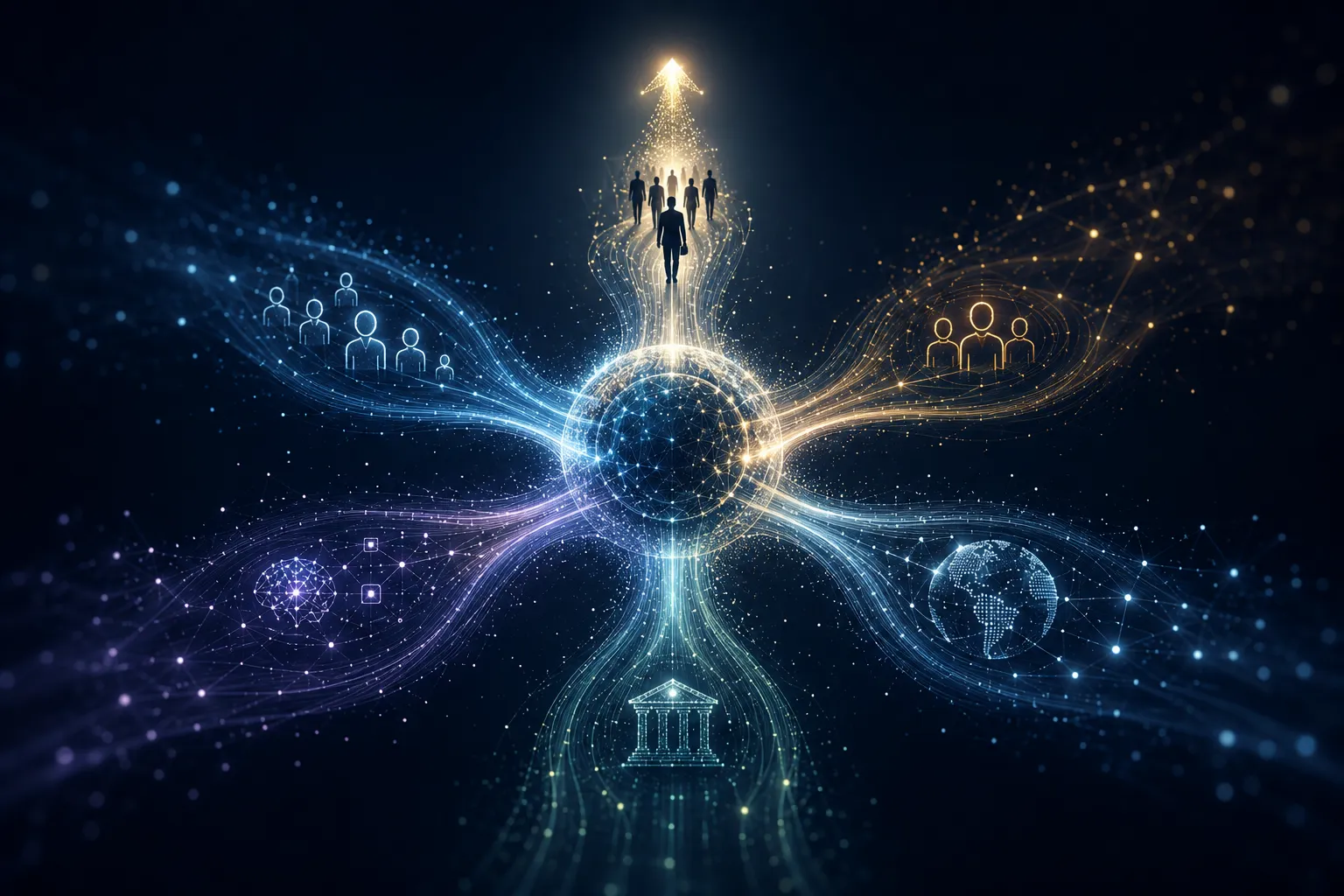 Futuristic illustration centred on a glowing hub with radiating paths to icons for AI, the courts, professionals, teamwork, upward growth and a globe.