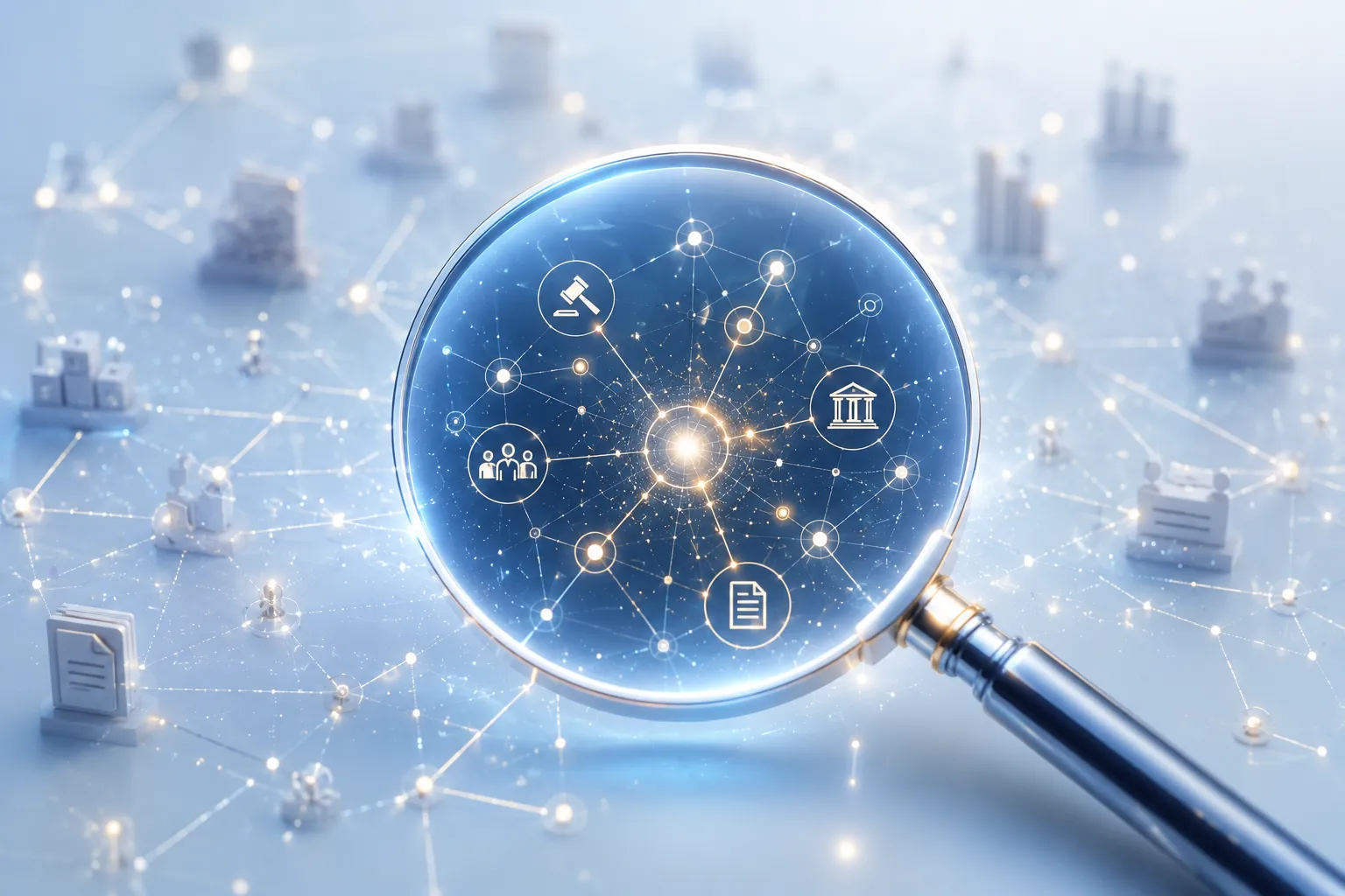 A magnifying glass held over a bright blue neural-style network revealing legal-themed icons—a gavel, courthouse, filings and people—against a blurred cityscape of nodes.